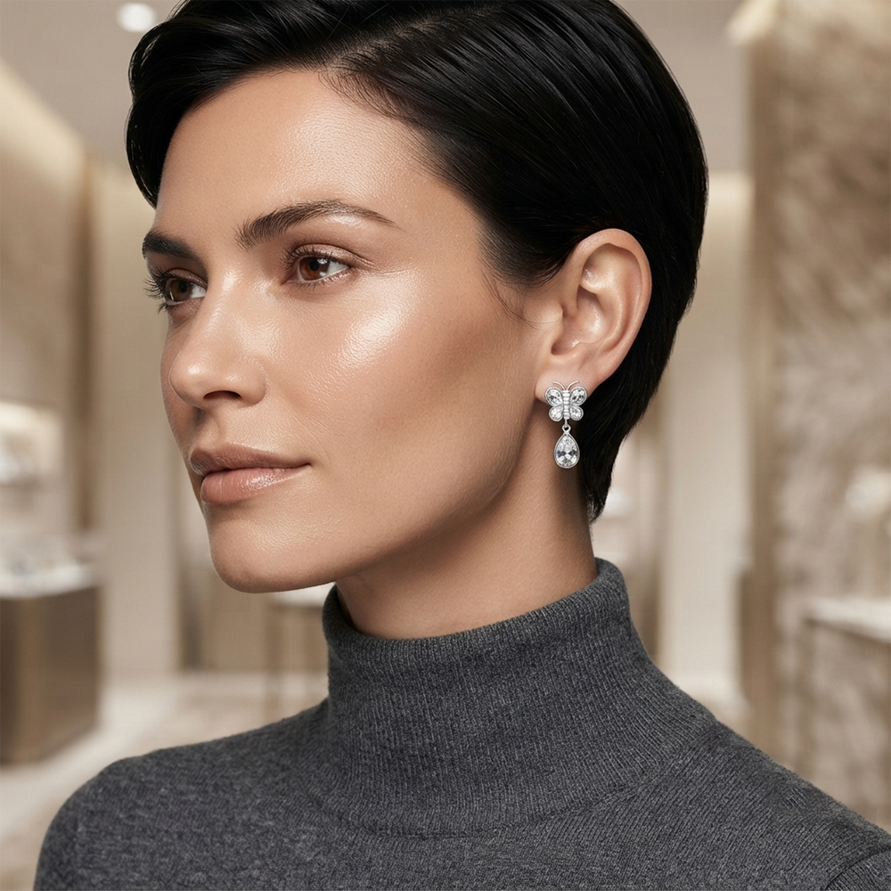 Darshana Jewels  Silver Plated Crystal Butterfly Drop Earrings for Women  (Set of 6)