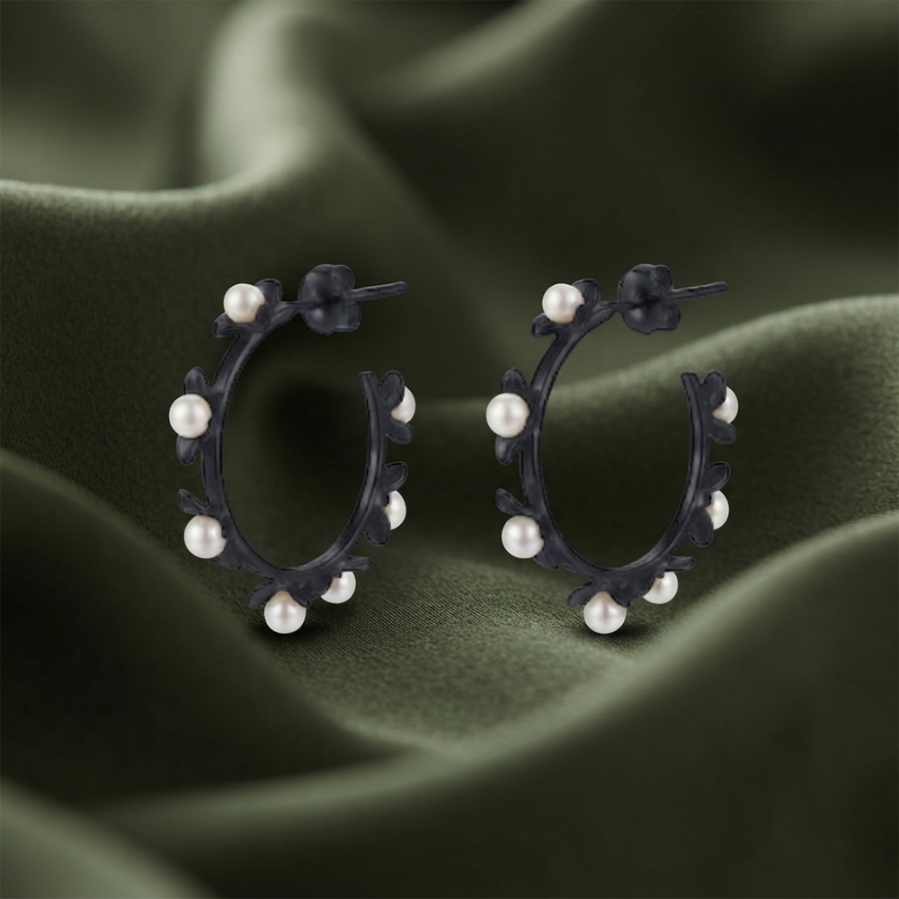Darshana Jewels  Black Floral Pearl Hoop Earrings for Women  (Set of 6)