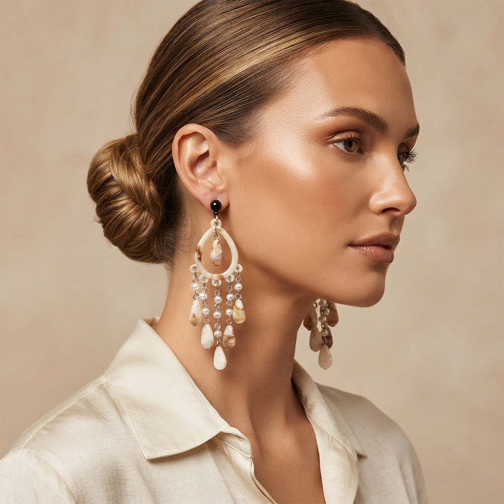 Darshana Jewels  Bohemian Shell & Pearl Drop Dangler Earrings for Women  (Set of 6)