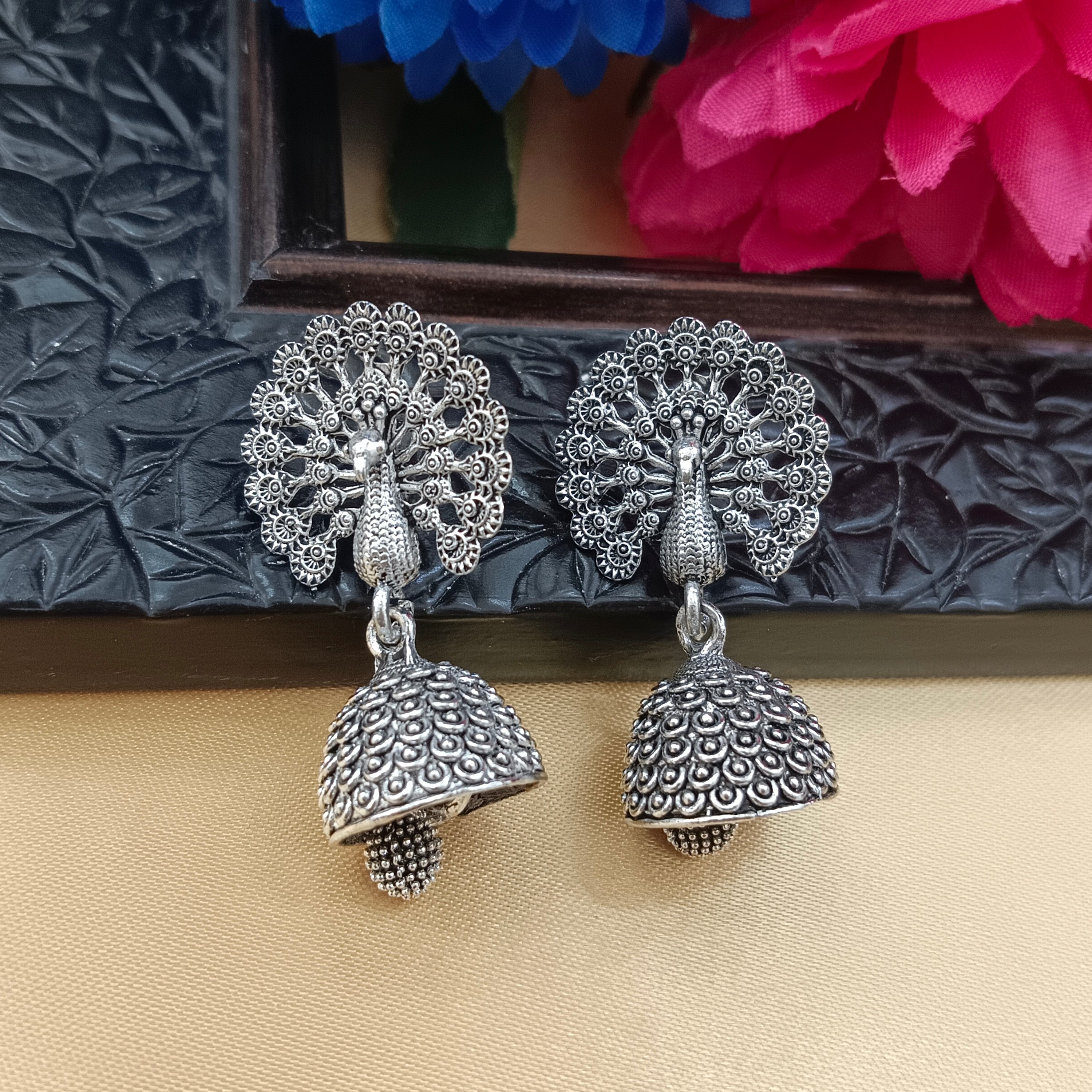 Darshana Jewels  Oxidised Plated Peacock Jhumki Earrings(Pack of 6)
