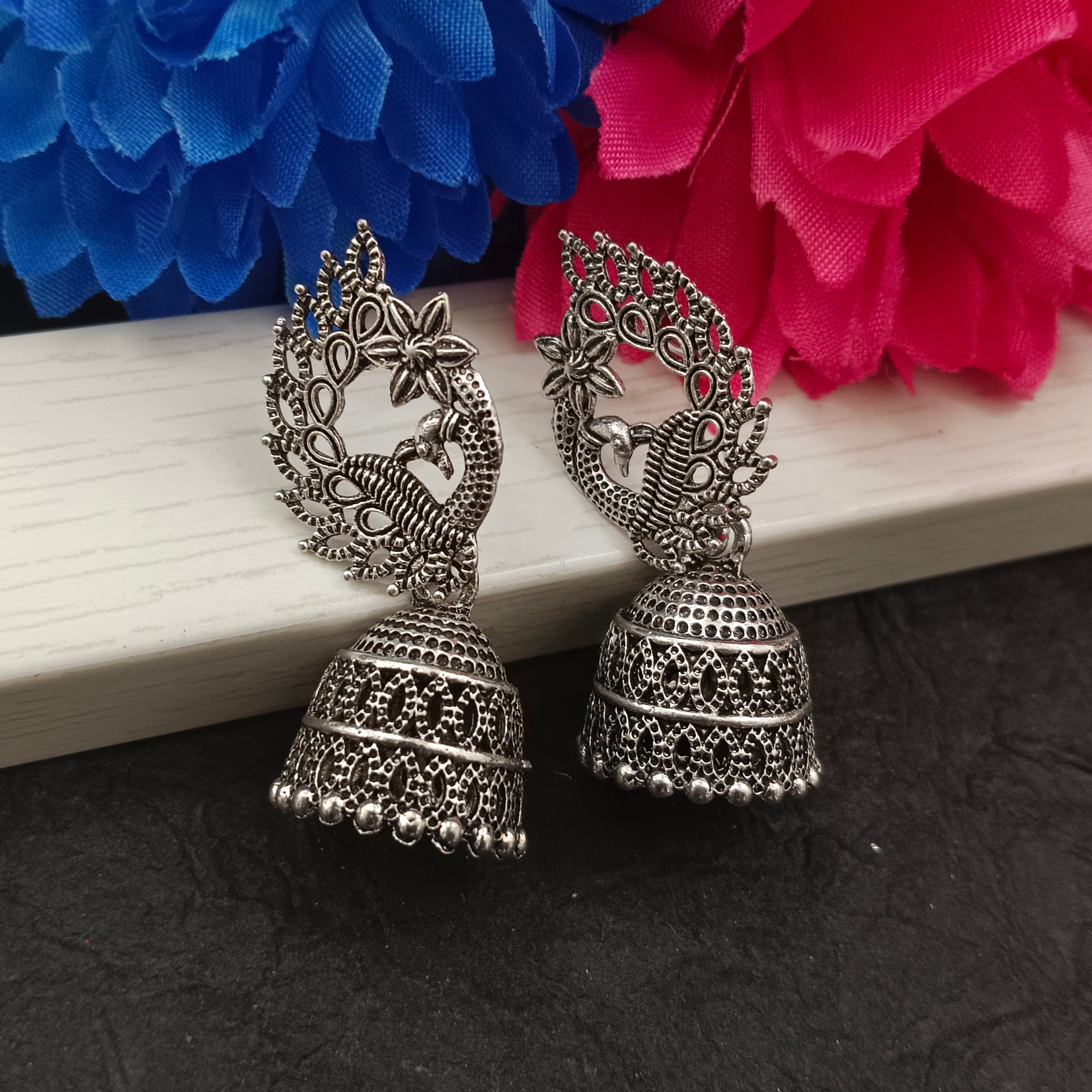 Darshana Jewels  Oxidised Plated Peacock Jhumki Earrings(Pack of 6)