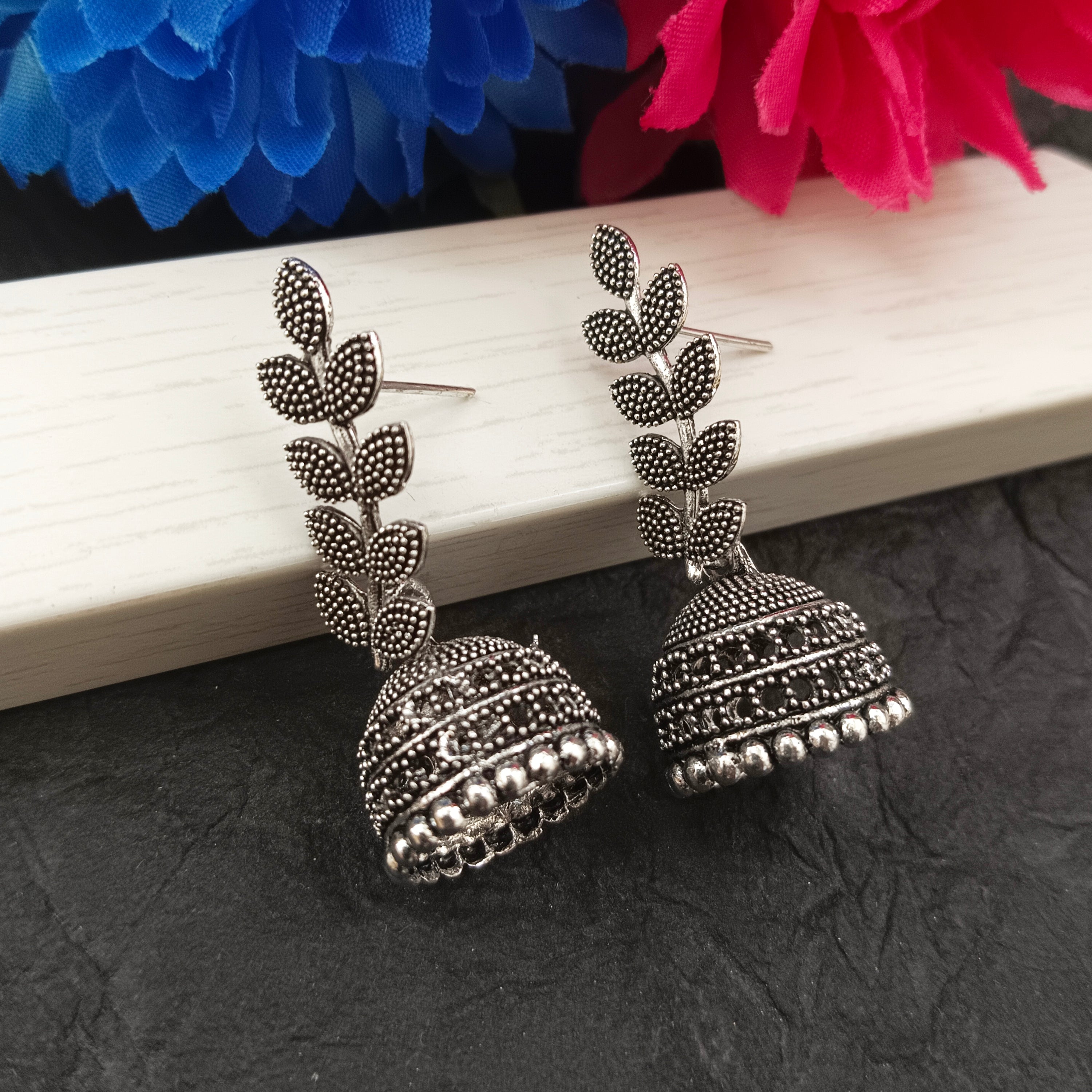 Darshana Jewels  Oxidised Plated Leaves DesignJhumki Earrings(Pack of 6)