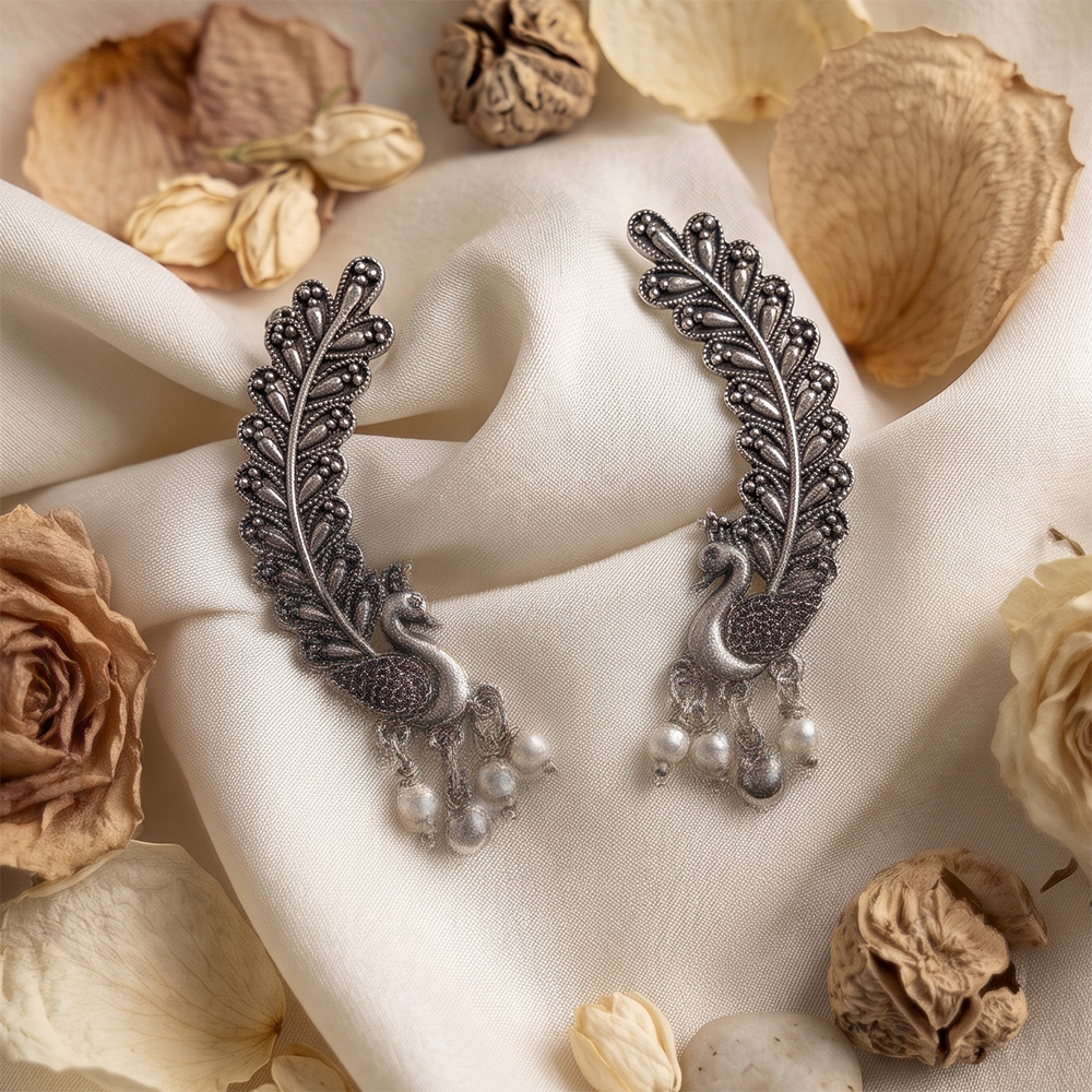 Darshana Jewels Oxidised Plated Peacock Earcuff
