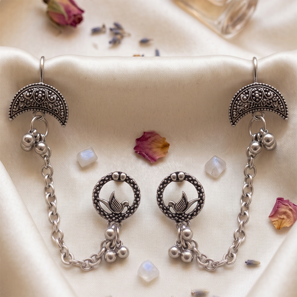Darshana Jewels Oxidised Lotus Indo Western Chain Ear Cuff Earrings  (Pack of 6)