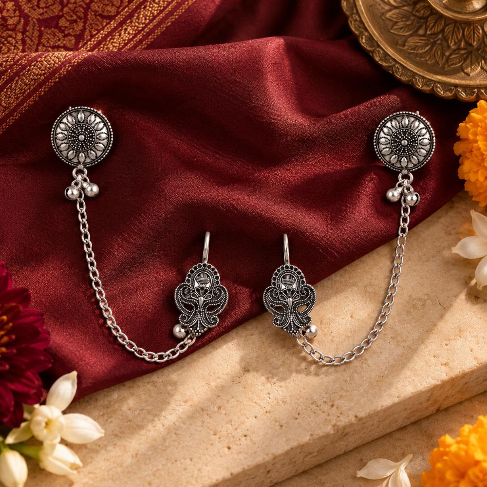 Urthn Stylish Oxidised Ear Cuffs with Floral Motif for Women Traditional Fashion Jewellery