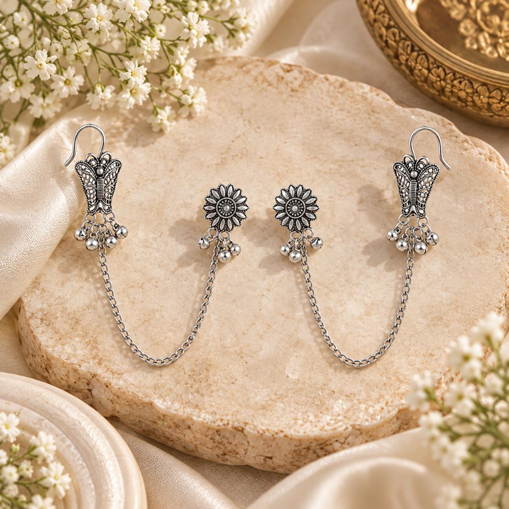 Urthn Stylish Oxidised Ear Cuffs with Butterfly Motif for Women Traditional Fashion Jewellery