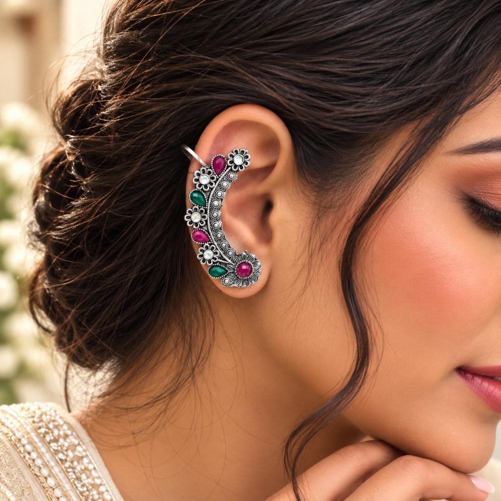 Urthn Stylish Oxidised Ear Cuffs with Floral Motif for Women Traditional Fashion Jewellery