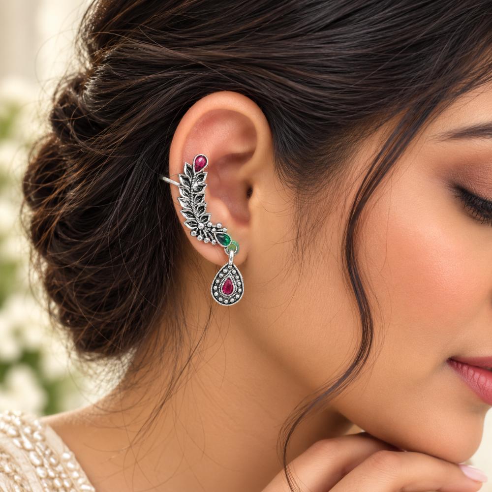 Urthn Stylish Oxidised Ear Cuffs with Floral Motif for Women Traditional Fashion Jewellery(Pack of 12)