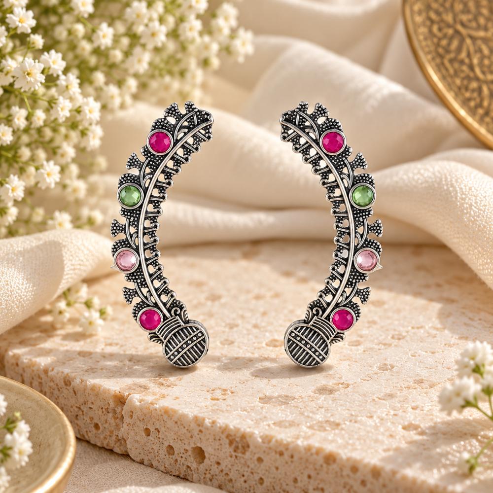 Urthn Stylish Oxidised Ear Cuffs with Floral Motif for Women Traditional Fashion Jewellery