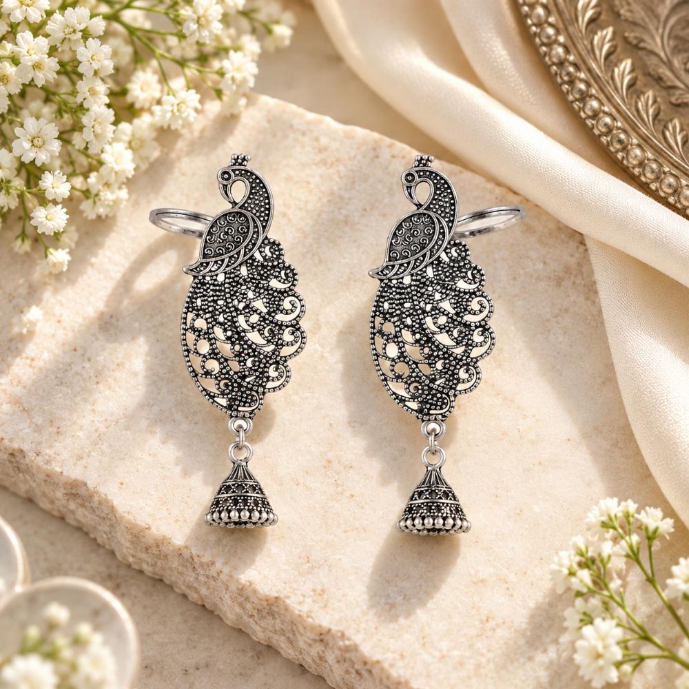 Urthn Stylish Oxidised Ear Cuffs with Peacock Motif for Women Traditional Fashion Jewellery