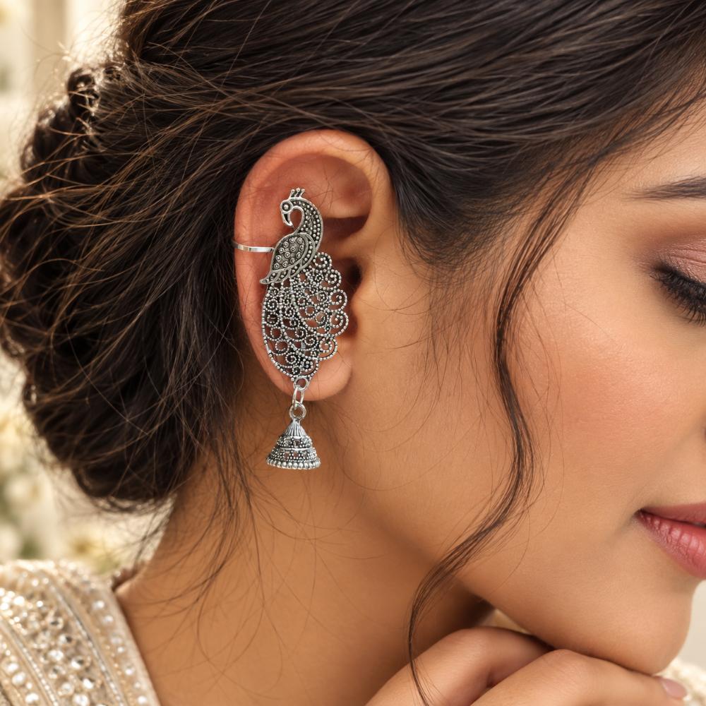 Urthn Stylish Oxidised Ear Cuffs with Peacock Motif for Women Traditional Fashion Jewellery(Pack of 12)