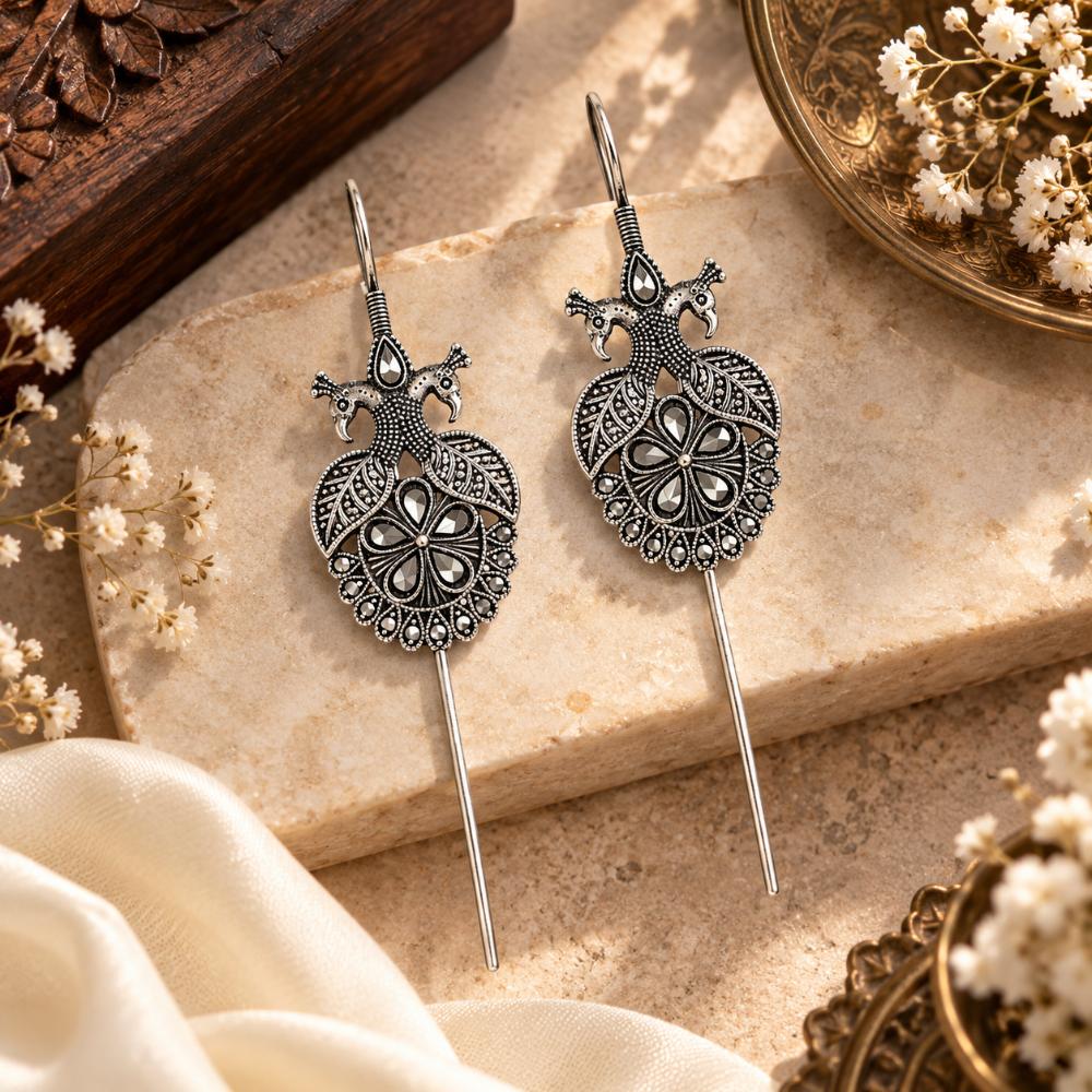 Urthn Stylish Oxidised Ear Cuffs with Peacock Motif for Women Traditional Fashion Jewellery