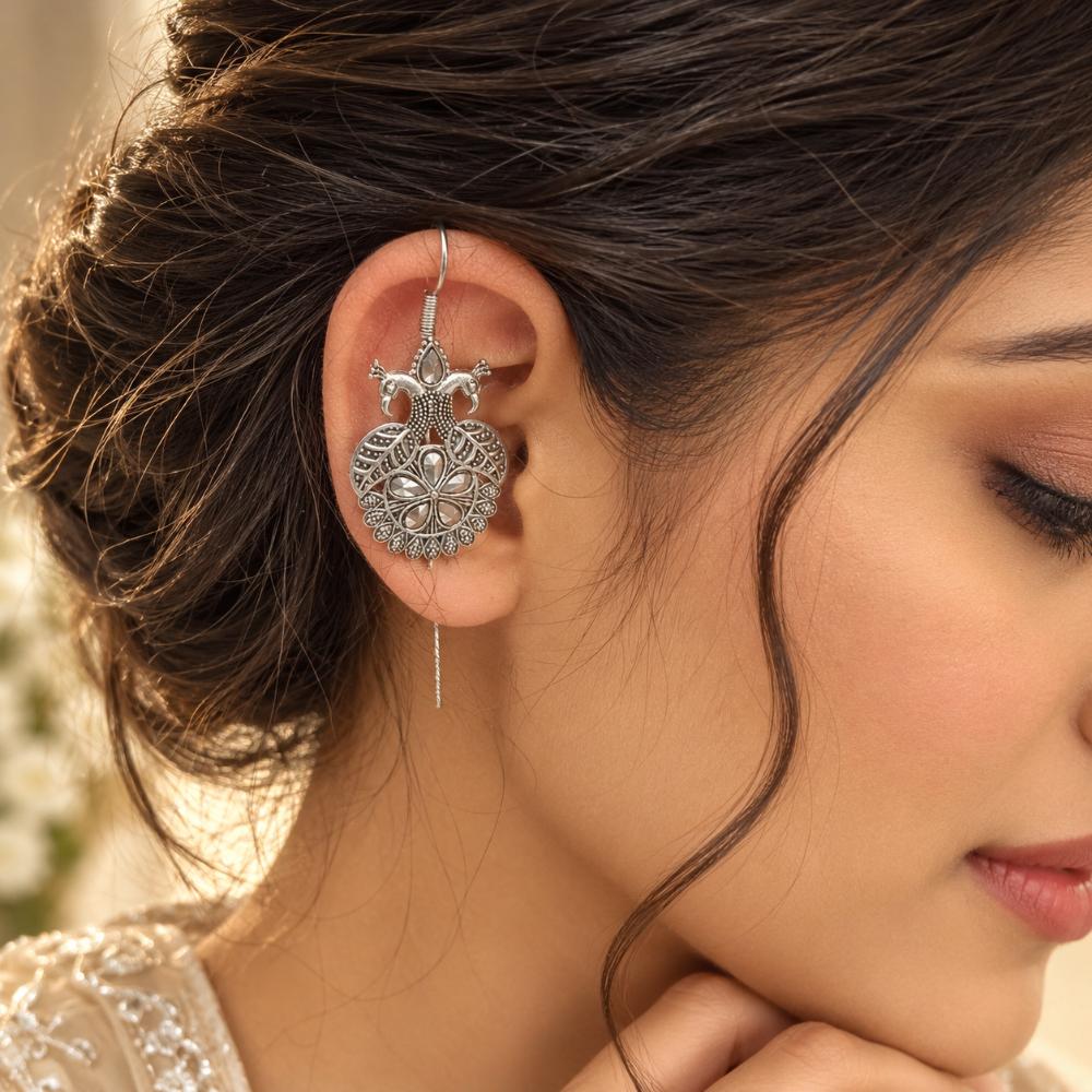 Urthn Stylish Oxidised Ear Cuffs with Peacock Motif for Women Traditional Fashion Jewellery(Pack of 12)