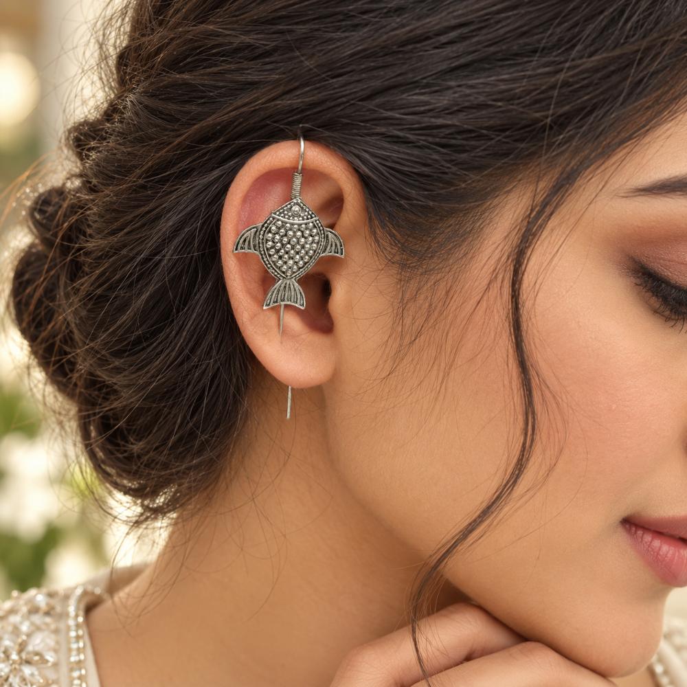 Urthn Stylish Oxidised Ear Cuffs with Fish Motif for Women Traditional Fashion Jewellery(Pack of 12)