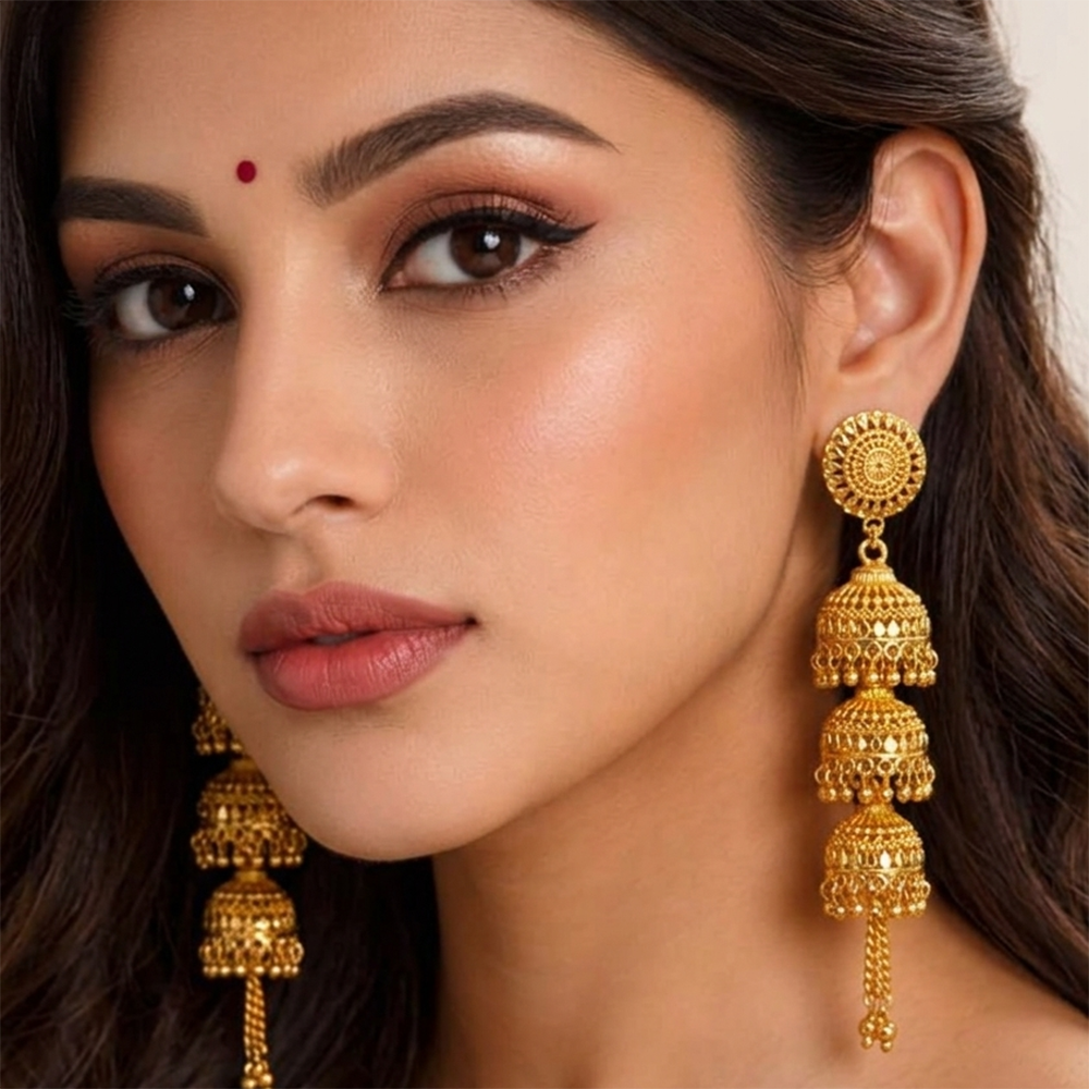 Darshana Jewels Elegant Gold Plated Floral Three Layer Jhumka Drop Earrings(Pack Of  6)