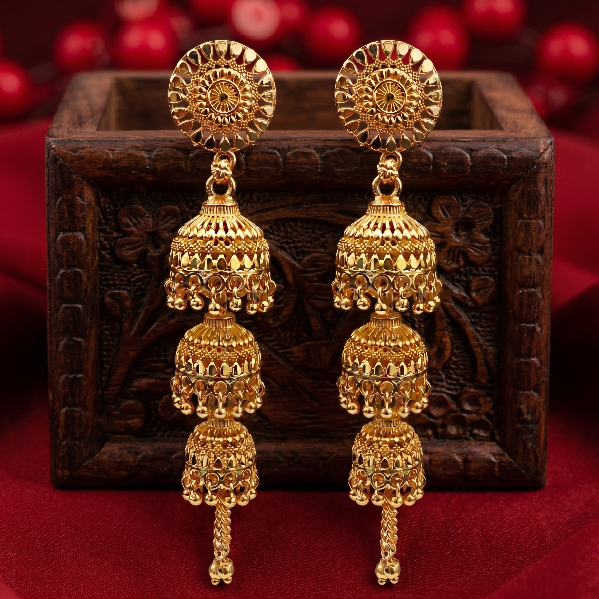 Darshana Jewels Elegant Gold Plated Floral Three Layer Jhumka Drop Earrings(Pack Of  6)