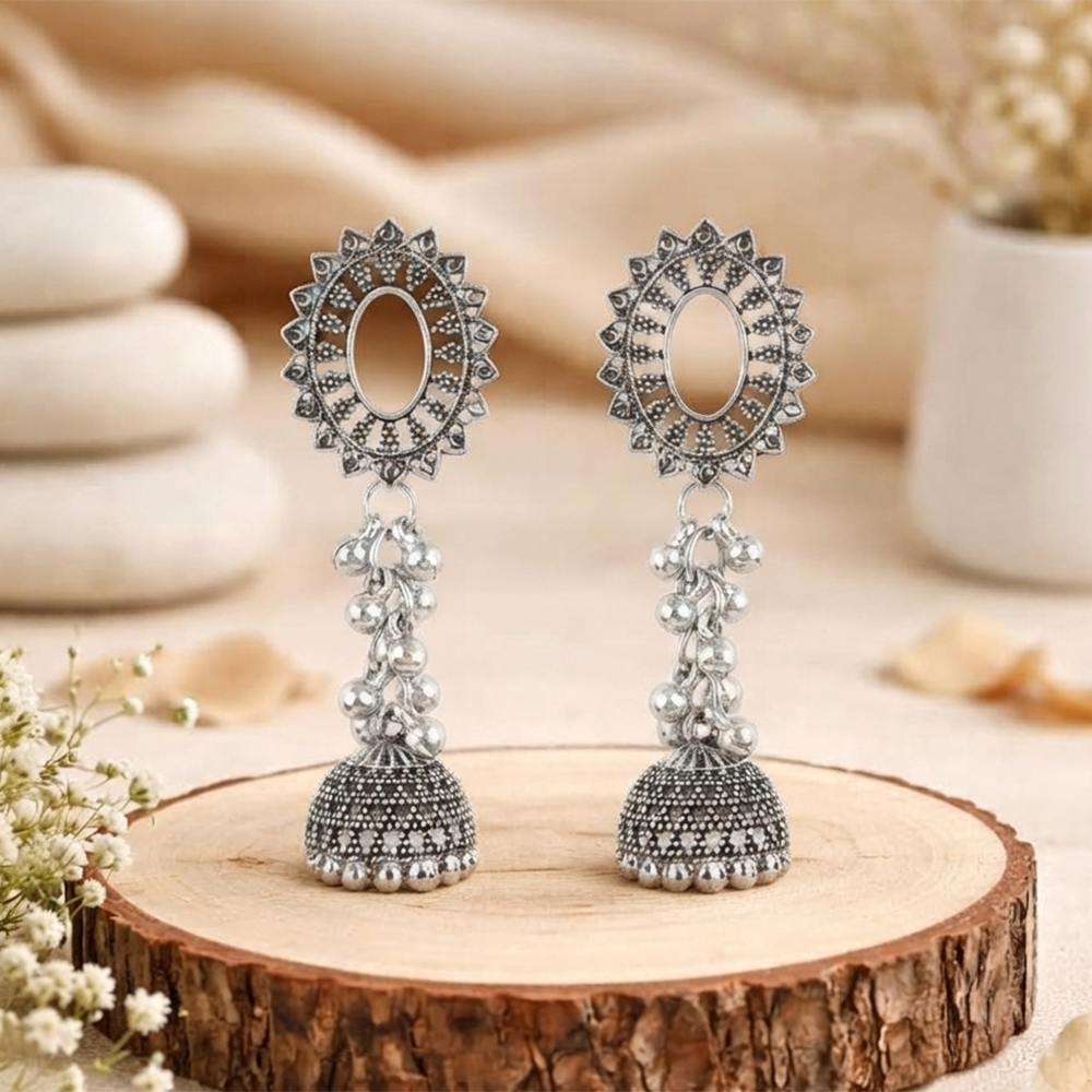 Urthn Oxidised Silver Plated Traditional Jhumki Earrings for Women(Pack Of 6)