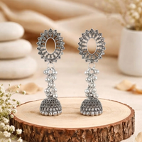 Urthn Oxidised Silver Plated Traditional Jhumki Earrings for Women(Pack Of 6)