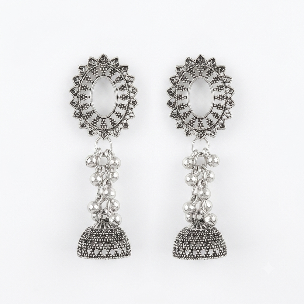 Urthn Oxidised Silver Plated Traditional Jhumki Earrings for Women(Pack Of 6)