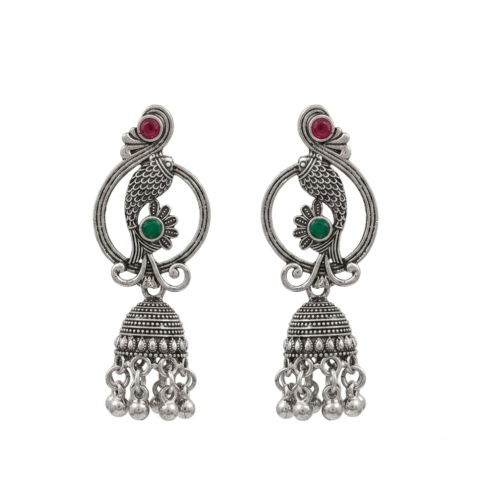 Urthn Oxidised Silver Plated Traditional Fish Motif  Jhumki Earrings for Women(Pack Of 6)