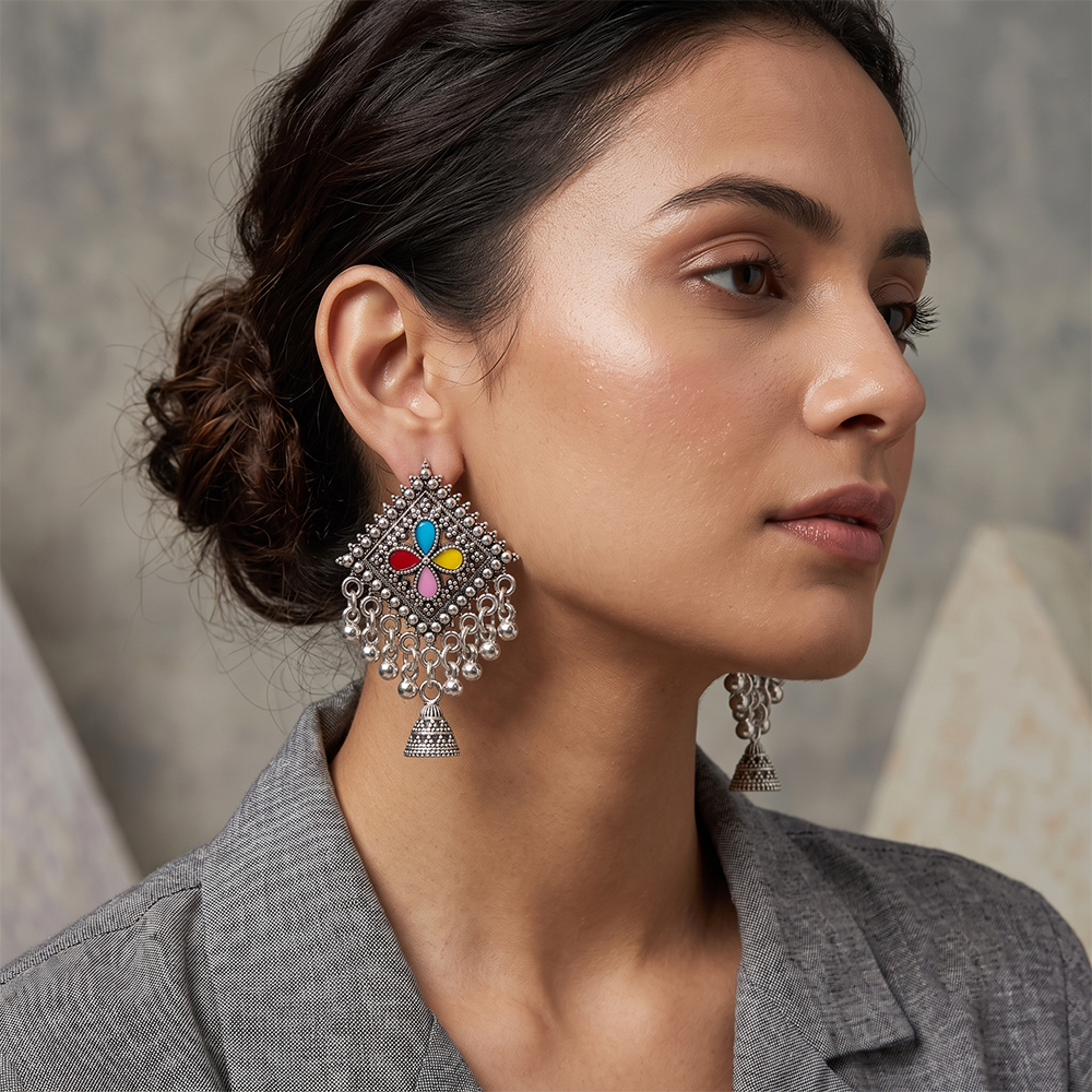 Urthn Oxidised Silver Plated Traditional Jhumki Earrings for Women