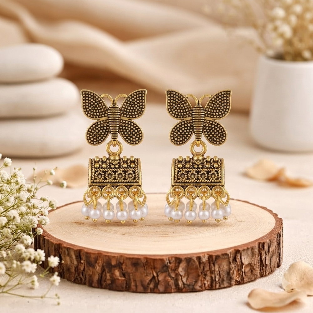 Urthn Antique Gold Plated Butterfly & Pearl Jhumki Earrings for Women