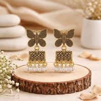 Urthn Antique Gold Plated Butterfly & Pearl Jhumki Earrings for Women