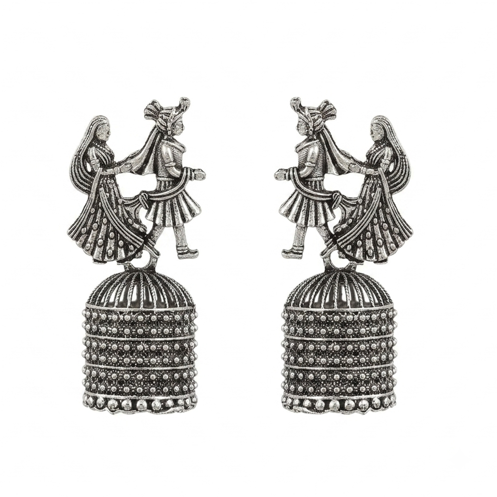 Urthn Oxidised Silver Plated Traditional Jhumki Earrings for Women(Pack Of 6)