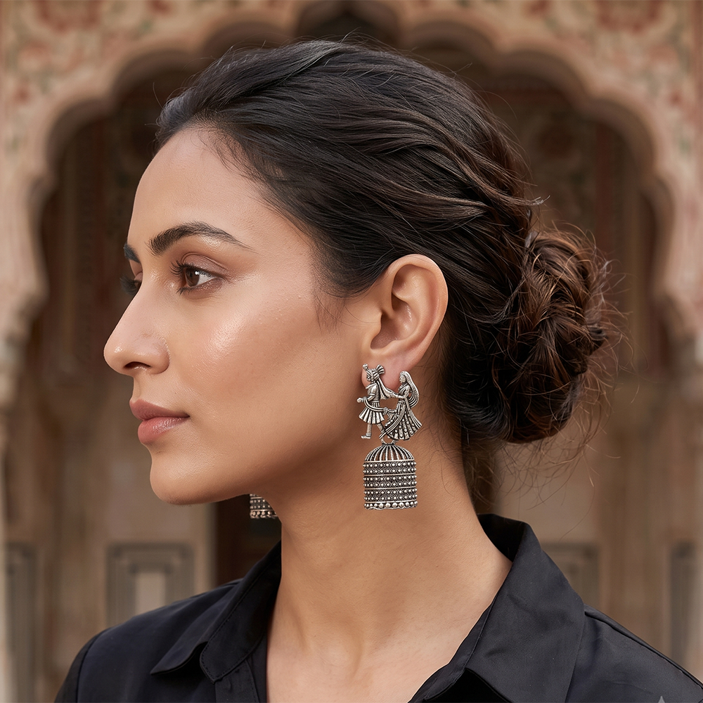 Urthn Oxidised Silver Plated Traditional Jhumki Earrings for Women(Pack Of 6)