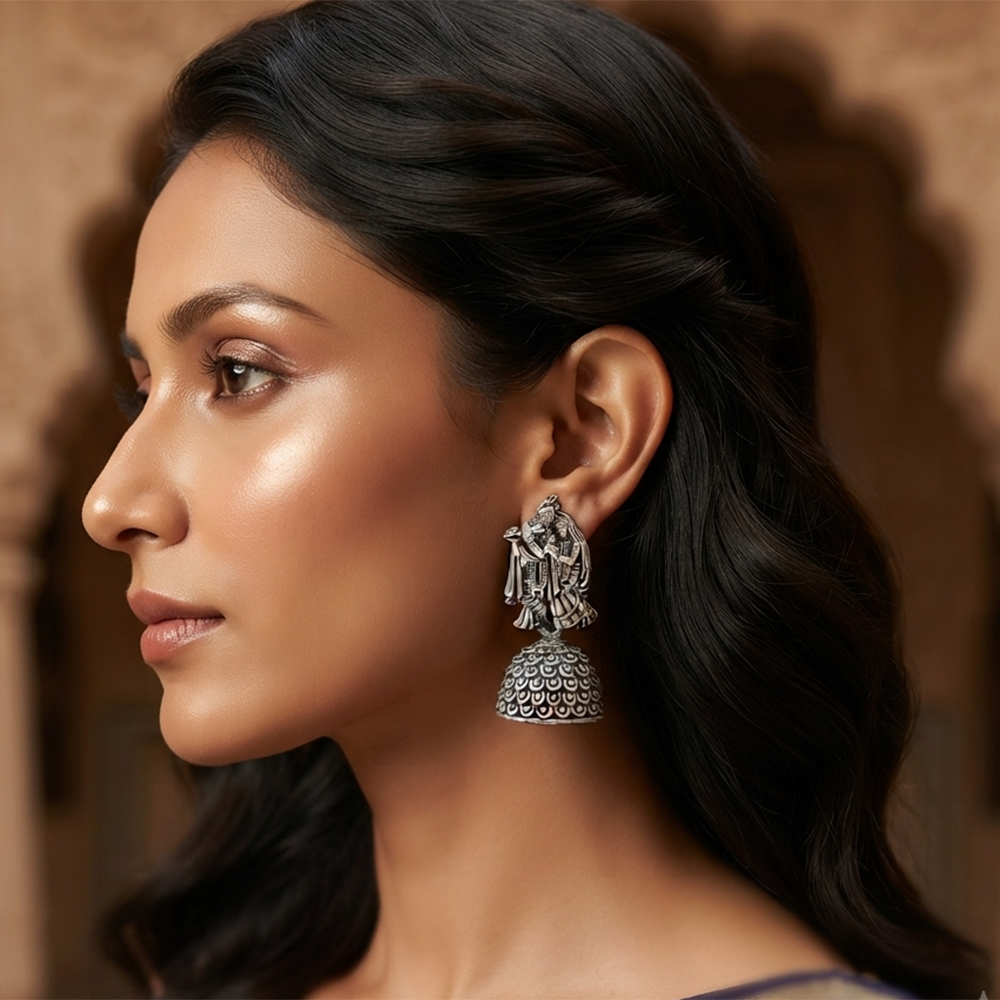 Urthn Oxidised Silver Plated Traditional Radha Krishna Jhumki Earrings for Women(Pack Of 6)