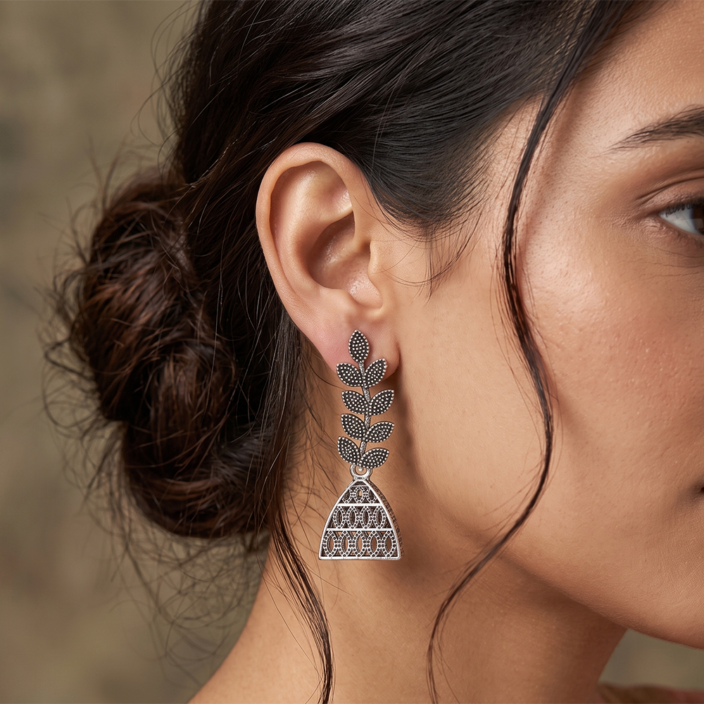 Urthn Oxidised Silver Plated Traditional Jhumki Earrings for Women(Pack Of 6)