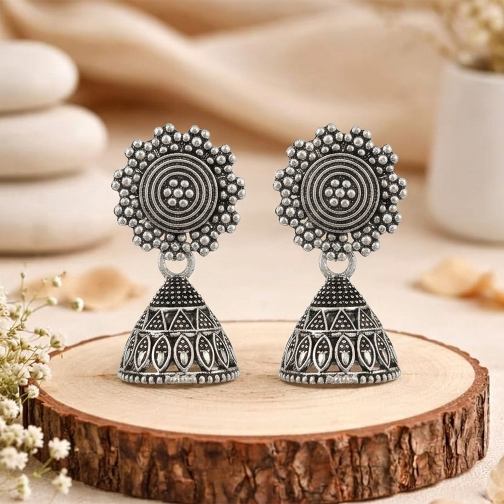 Urthn Oxidised Silver Plated Traditional Jhumki Earrings for Women