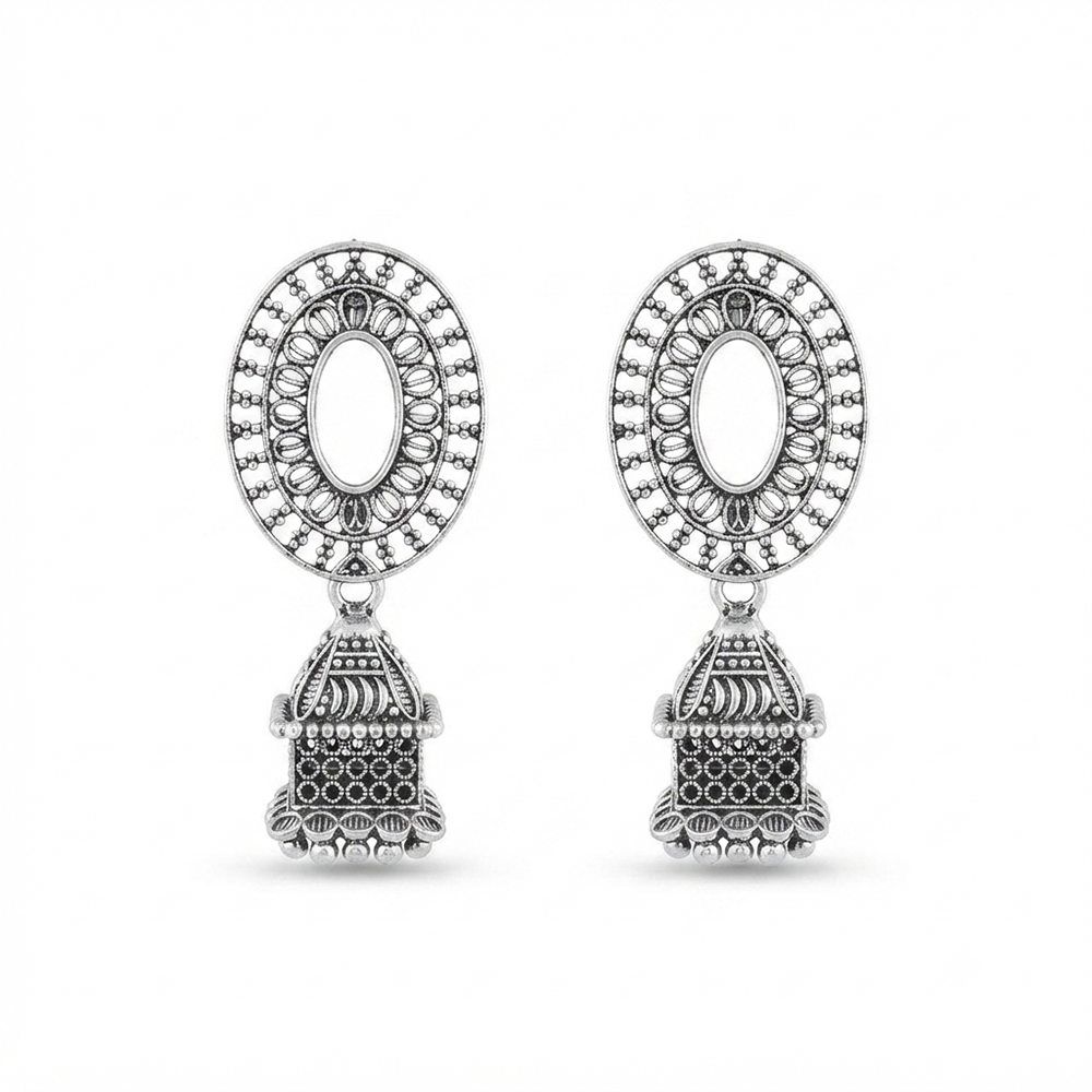 Urthn Oxidised Silver Plated Traditional Jhumki Earrings for Women(Pack Of 6)