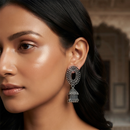 Urthn Oxidised Silver Plated Traditional Jhumki Earrings for Women(Pack Of 6)