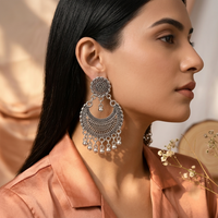 Urthn Oxidised Silver Plated Traditional Jhumki Earrings for Women(Pack Of 6)