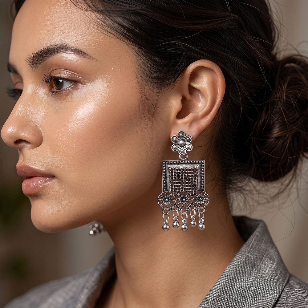 Urthn Oxidised Silver Plated Traditional Jhumki Earrings for Women