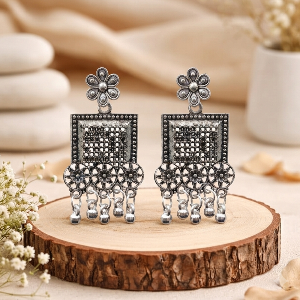 Urthn Oxidised Silver Plated Traditional Jhumki Earrings for Women(Pack Of 6)