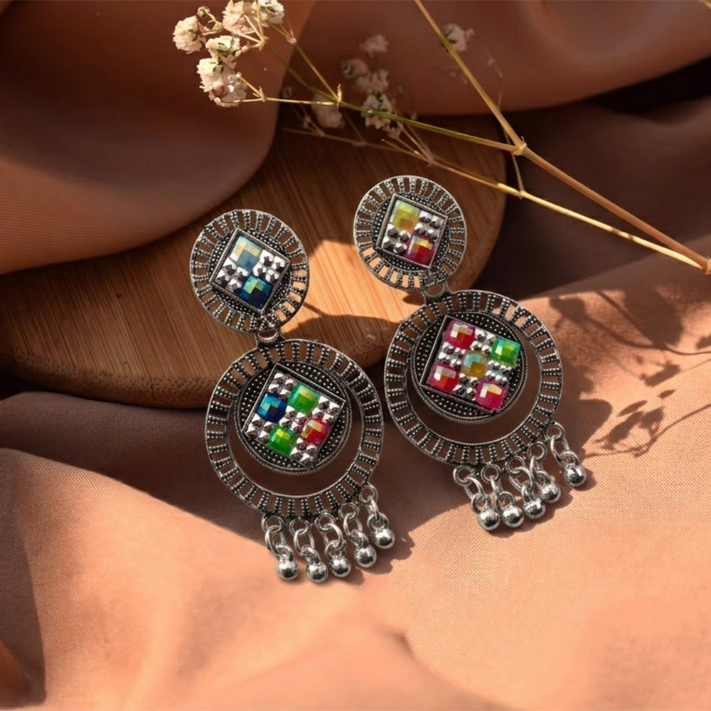 Urthn Oxidised Silver Plated Traditional Jhumki Earrings for Women(Pack Of 6)