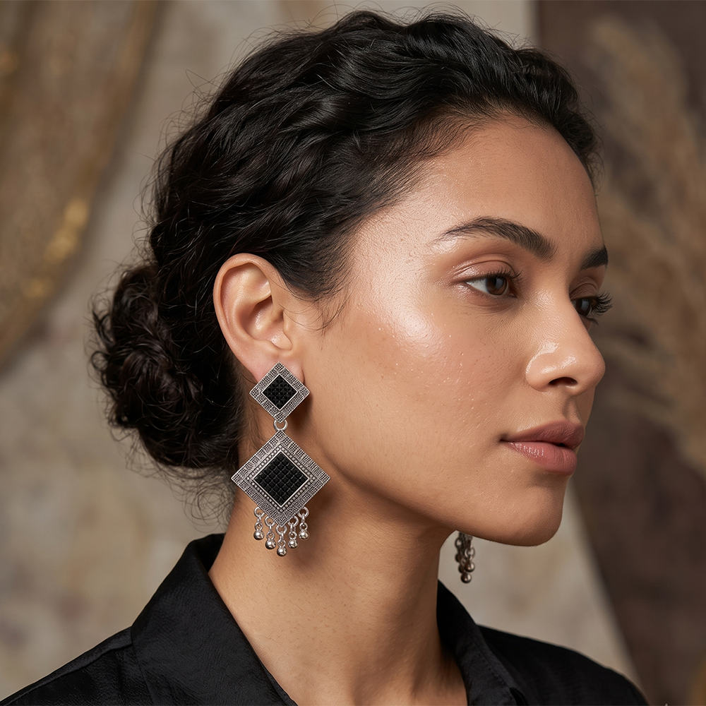 Urthn Oxidised Silver Plated Traditional Jhumki Earrings for Women(Pack Of 6)