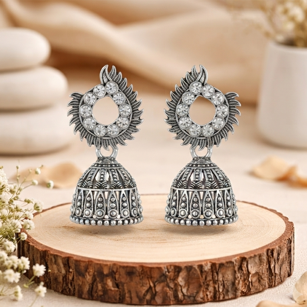 Urthn Oxidised Silver Plated Traditional Jhumki Earrings for Women(Pack Of 6)