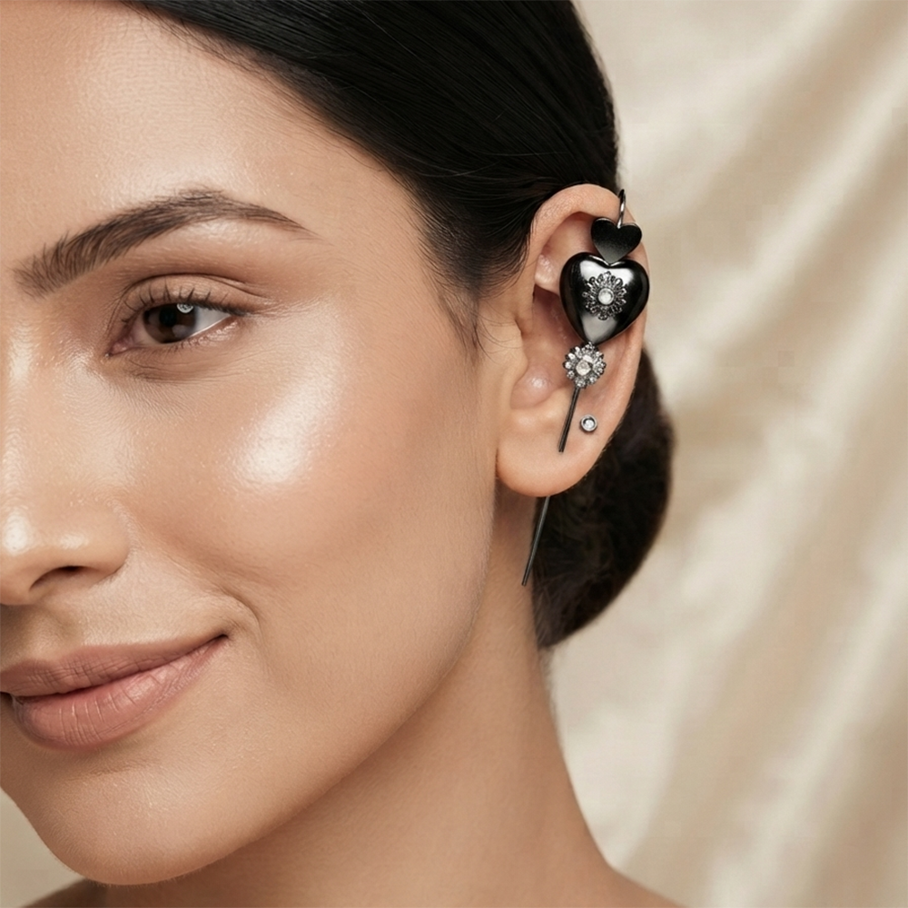 Urthn Black Plated Heart Shape Ear cuff(Pack of 6)