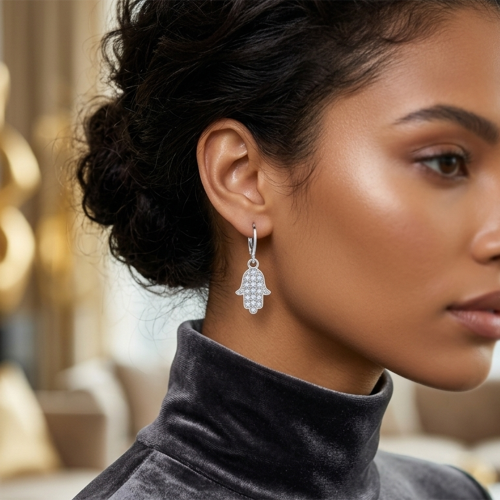 Urthn Silver Plated Austrian Stone Hamsa Shape Hoop Earrings for Women(Pack Of 6)