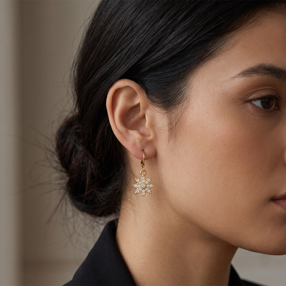Urthn Gold Plated Austrian Stone Floral Shape Hoop Earrings for Women(Pack Of 6)