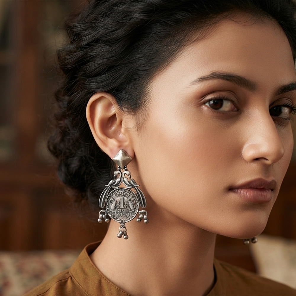 Urthn Oxidised Vintage Indian 1 Rupee Coin Drop Earrings for Women(Pack of 6 )