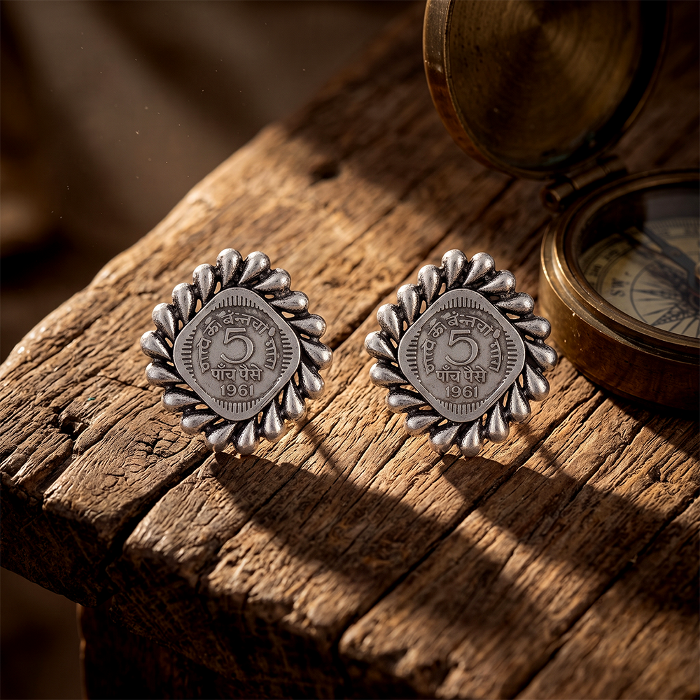 Urthn Oxidised Vintage Indian 5 Rupee Coin Stud Earrings for Women