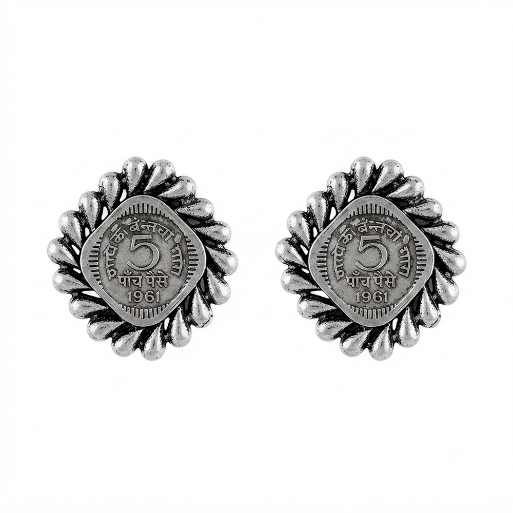 Urthn Oxidised Vintage Indian 5 Rupee Coin Stud Earrings for Women(Pack of 6 )