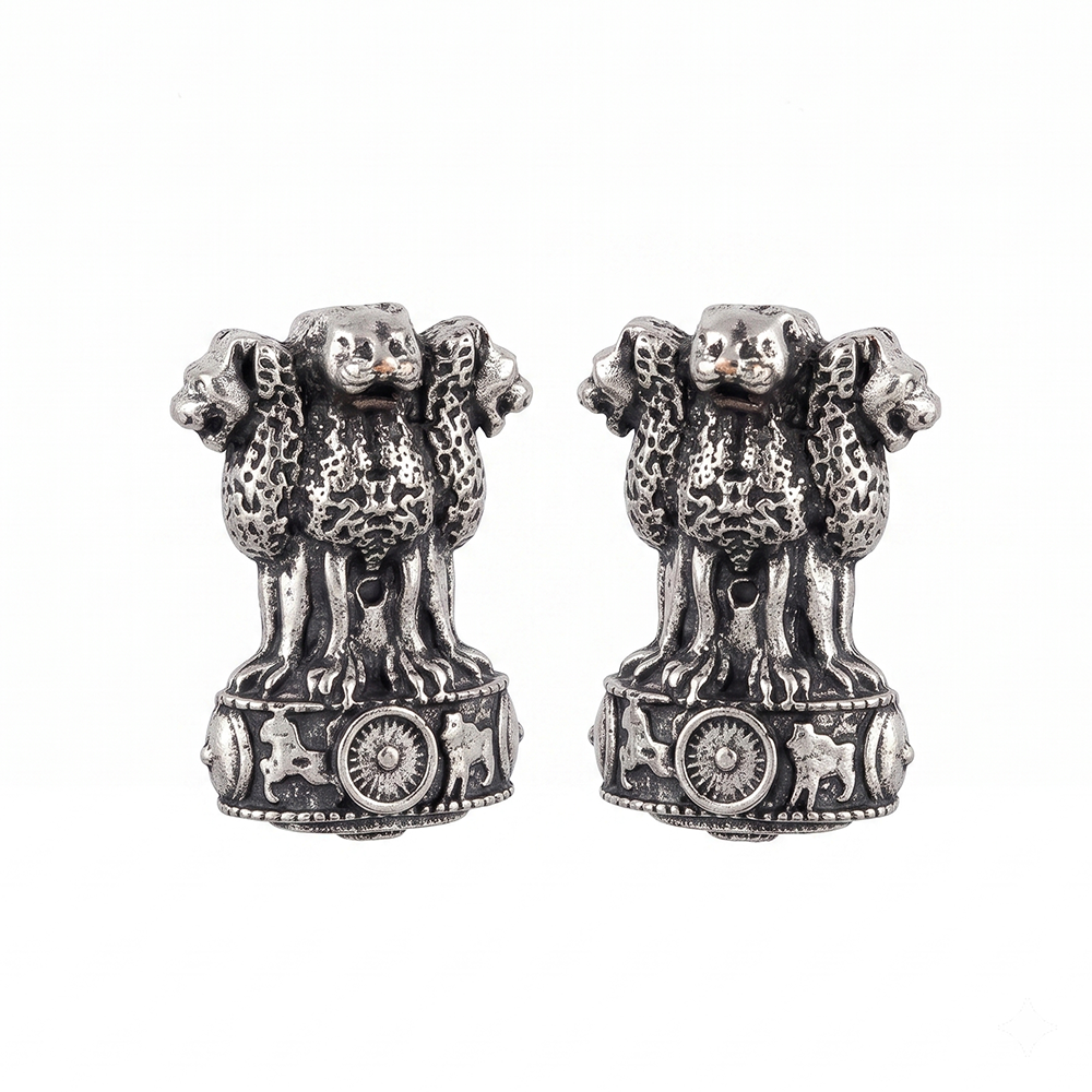 Urthn Oxidised Silver Ashoka Lion Capital Stud Earrings for Women(Pack of 6 )