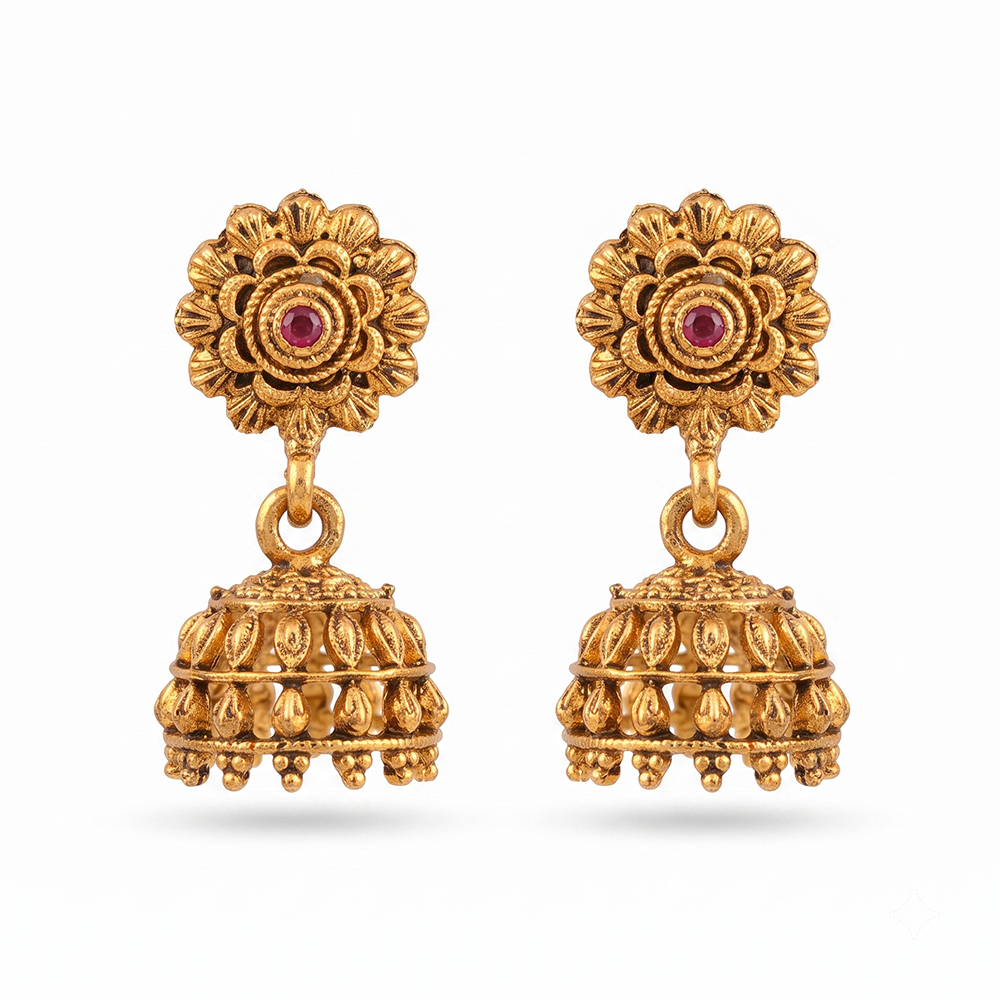 Urthn Antique Gold Plated Temple Jhumki Earrings(Pack of 6 )