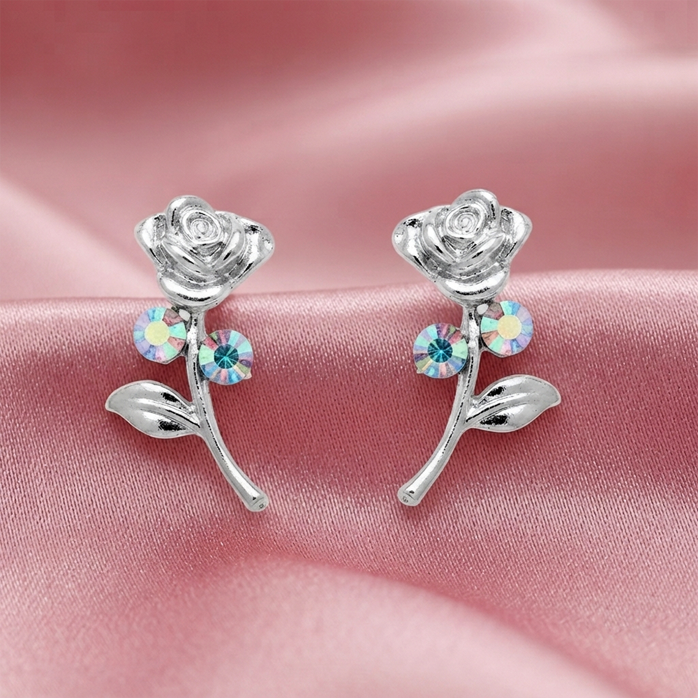 Urthn Silver Plated Rose Design Stud Earrings