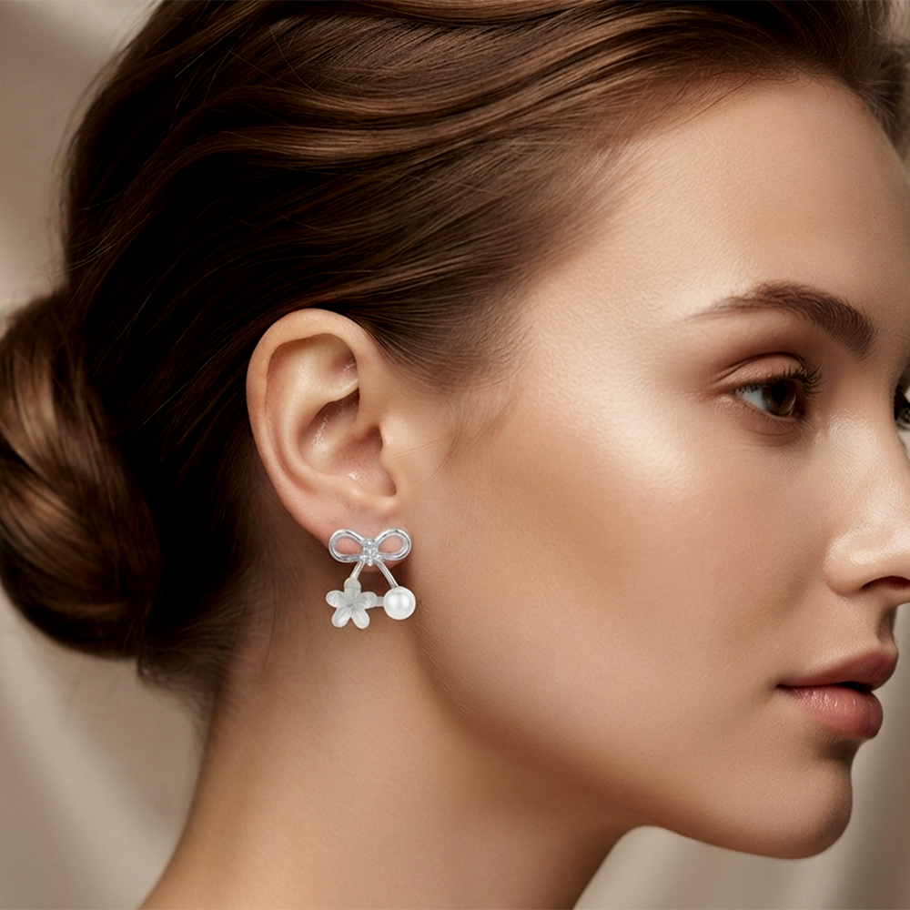Urthn Korean Style Silver Plated Flower & Pearl Stud Earrings (Pack of 6 )